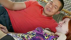 Pretty redhead with small perky tits gets her pussy gently treated