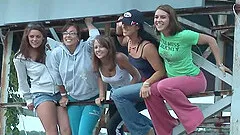 Randy teens on water ride enjoys stripping and displays ass and tits