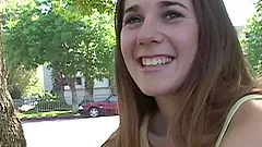 Alluring teen with natural tits getting her shaved pussy banged hardcore in close up shoot