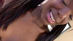 Ebony hottie gets her face creampied after giving blowjobs in interracial ffm threesome