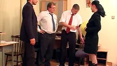 Sexy glasses are coated with cum after a wild gangbang