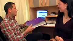 Gangbanged secretary takes three sticky cumshots on her glasses