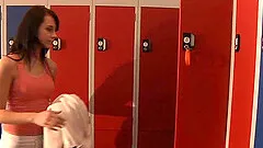She gets her bald cunt shagged in the locker room by an older man