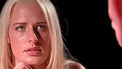 Amazing blonde bombshell lets an older man ravish her bald pussy