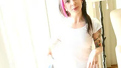 Cool, sexy Joanna Angel uses a creepy hand toy to rub her clit