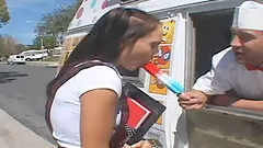 Uniform-clad teen with a skinny body licking and sucking a stranger's cock