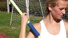 Javelin thrower plays with her natural tits and pussy in locker room