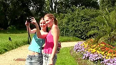 Beautiful lesbians with fantastic boobs get off together in the nature