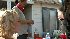 Curvy slut with a shaved pussy enjoying an interracial gangbang