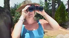 Blonde Cougar gets cumshot after rimmed outdoor in reality shoot