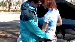 Skinny Redhead babe moans while being screwed in reality outdoor scene