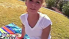 A pretty girl plays naked in hose then gets fucked in the yard