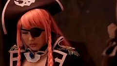 Japanese cosplay pirate gives a great blowjob until he cums