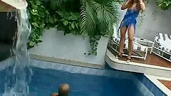Brilliant redhead dame with long hair enjoying her hairy pussy being licked at the pool outdoor