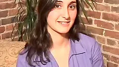 Brunette masturbates nicely toying her hairy pussy and gets nailed doggystyle