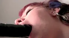 Pierced teen hoe sucking dildo and pissing in a bowl