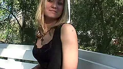 Naughty amateur cowgirl with natural tits fondles her shaved pussy in outdoor shoot