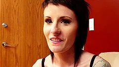 Skinny girl with a sleeve tattoo has POV sex in seamed stockings