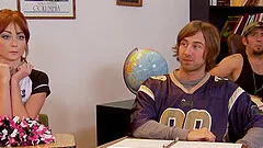 Dainty cowgirl with a tattoo screams while getting her shaved pussy hammered in a hot ffm threesome