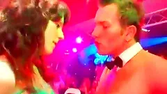 Party bitch tit fucks stripper's shaft at an orgy