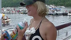 Endearing babes with natural tits in bikini enjoying beach party outdoor