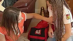 Long hair lesbians fuck each other with toys and a strap on vibrator