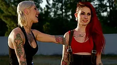 Flirtatious babes with tattoos getting erotic in an awesome foursome groupsex