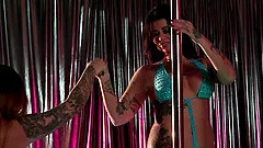 Vivacious cowgirls with tattoos get fucked hardcore in a steamy ffm threesome