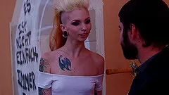 Slender blonde cowgirl with tattoos gives a blowjob after riding a cock doggy style