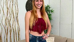 Long haired babe in shorts masturbates with a vibrator before a hot dick ride