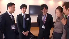 Seductive Japanese babe gets gang banged in the office