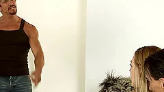 Pleasing blonde in high heels getting pounded hardcore doggy style in mmf sex