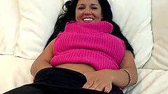 A horny Latina babe gets naked and fucks in the shower