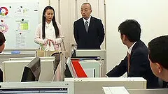 Doting Japanese cowgirl swallows cum after getting her face gang banged in the office