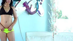 Brunette chick gets facial after riding cock and fucking guy's ass with toy