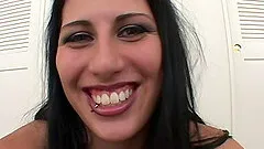 Kinky brunette babe swallows cum after getting her face fucked in a spicy interracial action