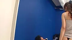 Bubbly Japanese pornstar in sexy fishnet stockings giving a mind blowing blowjob