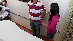 Asian babe in glasses gives massage,blows and nailed in interracial scene