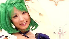 A cute Japanese girl with green hair getting drilled hard