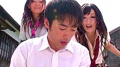 Mini-skirt clad Japanese chick with perky tits enjoying a hardcore threesome