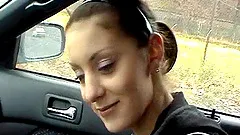 Super brunette gives cute handjob and sucks cock in car fucking scene