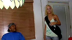 Skinny blonde enjoys getting big black cock rammed up her shaved pussy