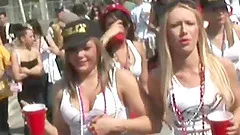 Attractive babes with long hair and hot bodies in shorts having fun in a wicked outdoor reality show