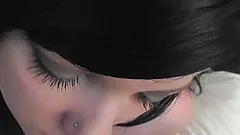 Dainty brunette gets facial cumshot after giving endearing blowjob