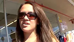 Amorous brunette cowgirl with long hair and natural tits getting rammed doggy style in an outdoor