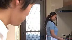 A very good Japanese wife cooks him dinner and gives a handjob