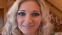 Charming blonde with long hair getting throbbed doggystyle on bed before being showered in cumshot