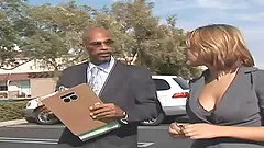 Horny bombshell giving big black cock blowjob before moaning as she gets throbbed doggystyle in the office