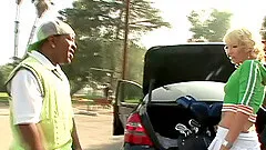 Porn star in miniskirt gets her pussy drilled in interracial sex