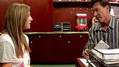 Tattooed teen with small tits in sexy short stripping before being fixed missionary on the sofa